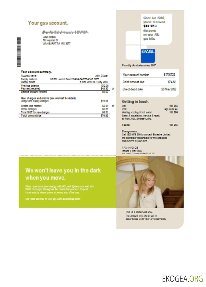 Australia AGL gas utility bill template in Word and PDF format
